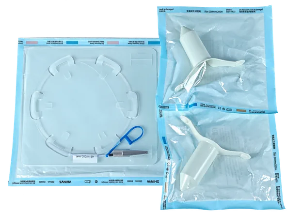 Hemorrhoid procedure accessory kit with conical fiber and anoscope components in packaging