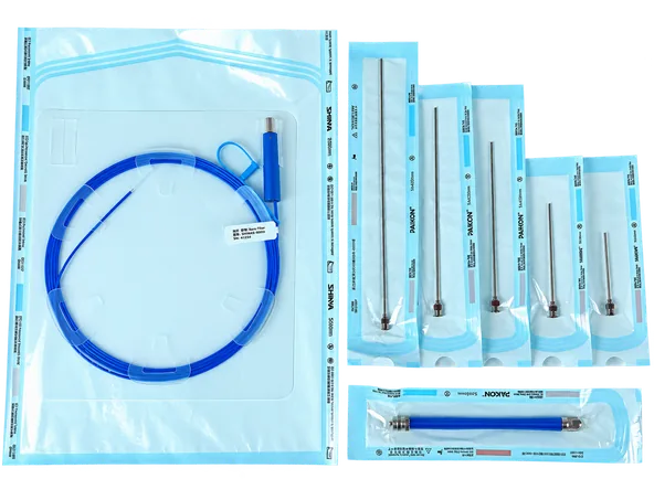 Lipolysis accessory kit with bare fiber, blue handpiece and five cannulas in sterile packaging