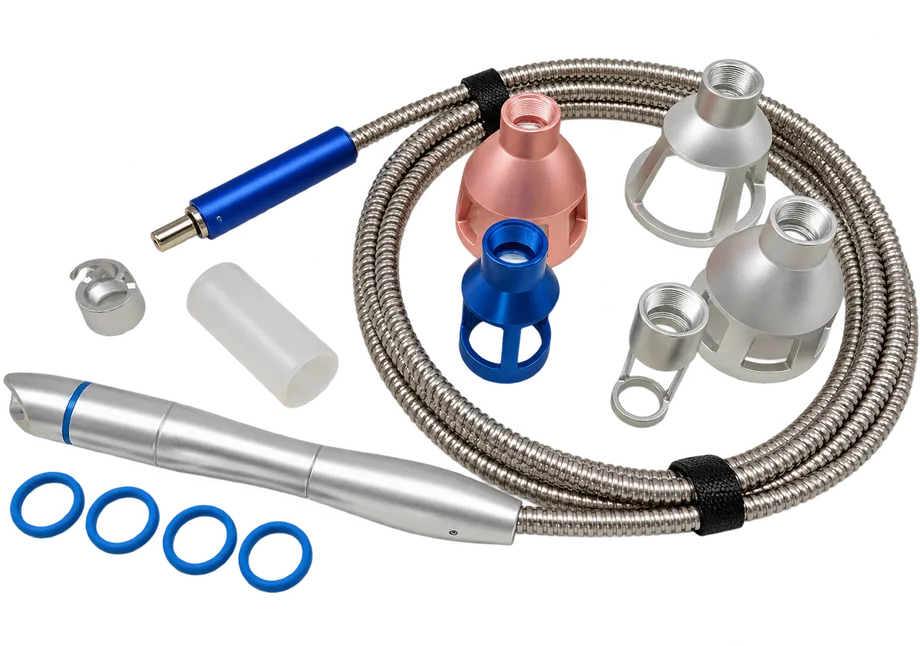 Therapy handpiece accessory set with armored fiber, metal tips, caps and focusing rings