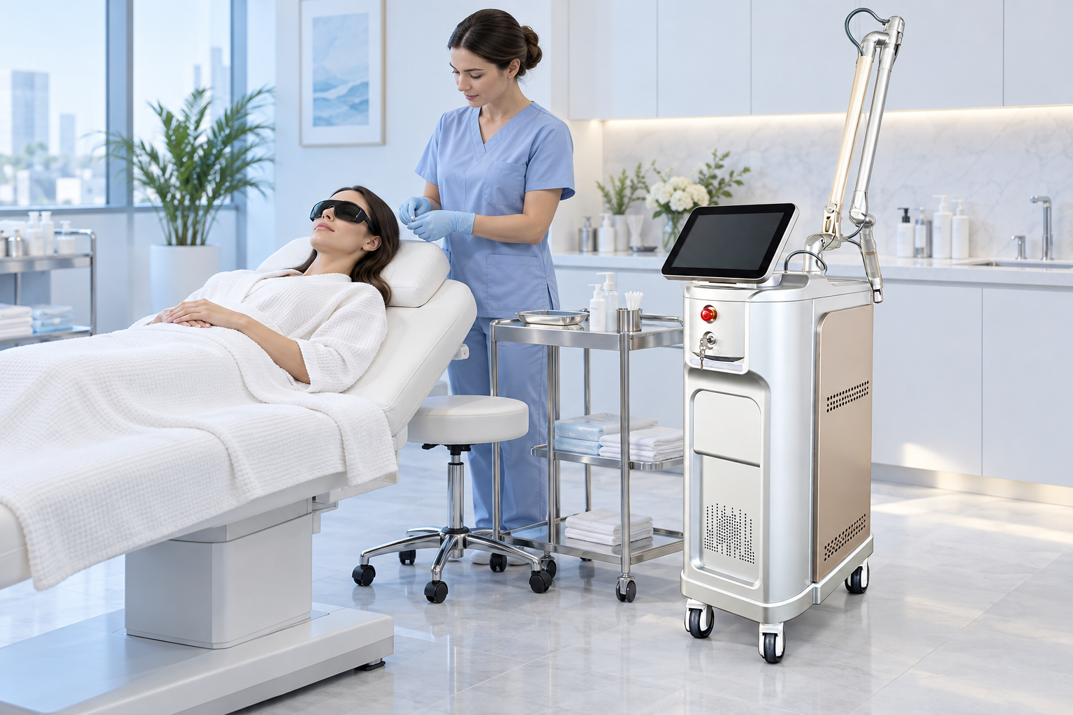 AI-generated illustrative clinic scene. Not a photograph of an actual installation or a treatment demonstration.