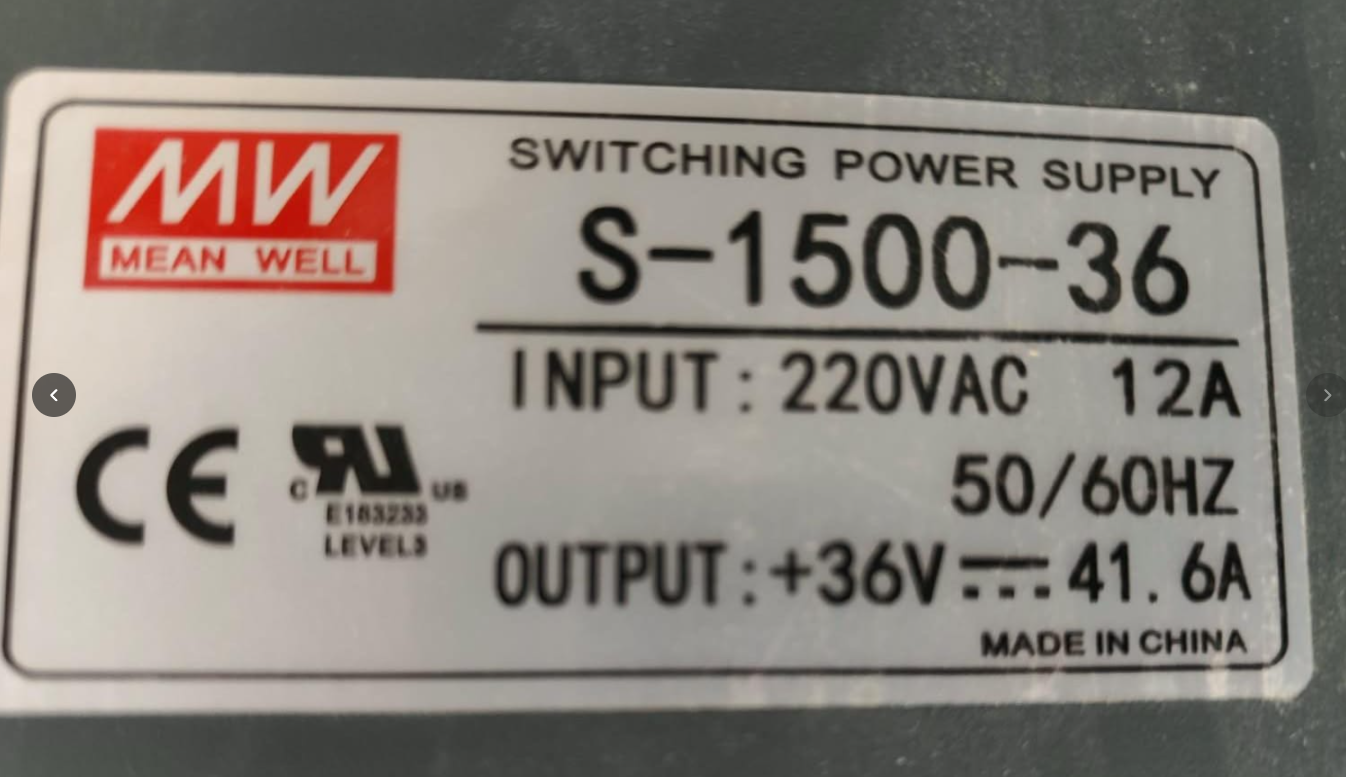 S-1500-36 开关电源铭牌，标示 220VAC 输入及 36V 41.6A 输出