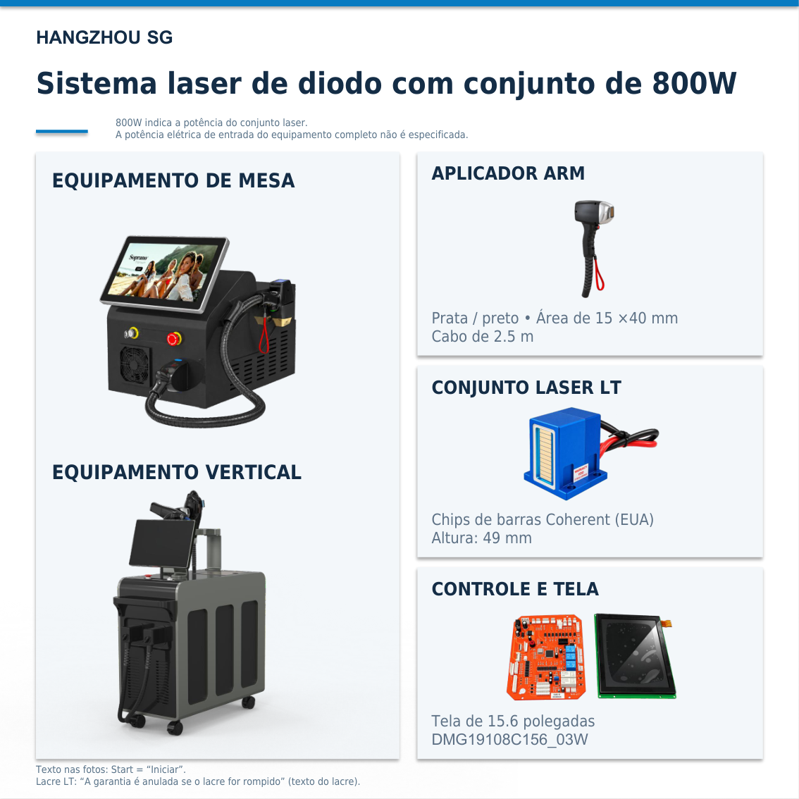 Equipamentos de mesa e verticais com conjunto laser de 800W